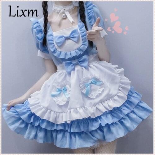 Japanese Maid Cosplay Blue Pure Kawaii Lolita Dress Sexy Cream Little Sweetheart Maid Outfit Innocent Girl loli cos
