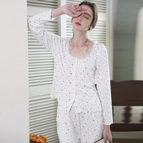 Sweet Printed Full Sleeves Sleepwear Pajama Sets Pure Cotton Long Pants Nightclothes Simple Round Collar Floral Loungewear Women
