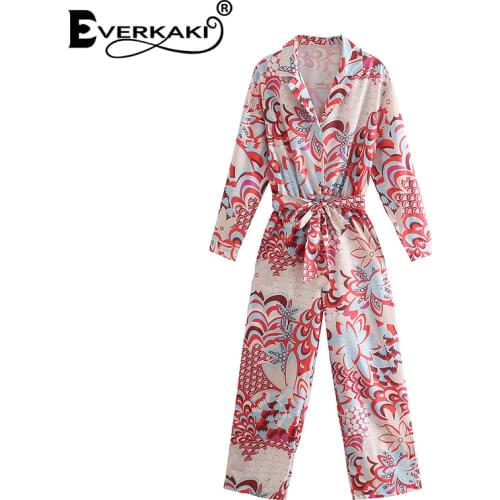 Everkaki Bohemian Floral Print Rompers Jumpsuits Women Summer Beach Red Sashes Boho Jumpsuits Rompers Mujer Female 2021 Clothing
