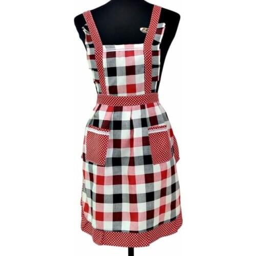 Woman Kitchen Cooking Apron Dress Restaurant Household Cleaning Plaid Maid Apron with 2 pockets Body Bib Cover