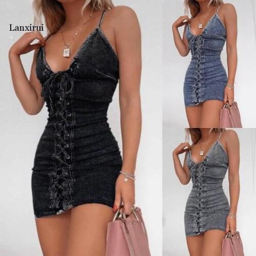 Summer Bandage Dress Women Deep V Neck Lace Up Halter Sexy Sleeveless Club Party Bodycon Dresses Female Vestidos
