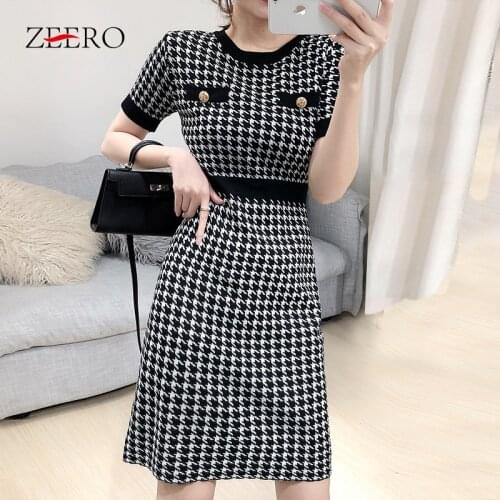 Women Houndstooth Plaid Knitted Mini Summer Dress 2020 Elegant Korean Ladies Black Casual Sexy Dresses Robe Femme Dress Vestidos