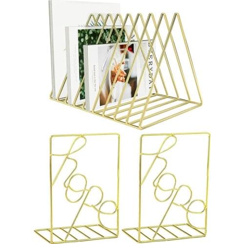 Gold File Organizer + Gold Decorative Bookends, Books Support Decorative Metal Book Ends for Shelves