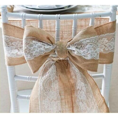 50pcs Wedding Decoration Naturally Elegant Burlap Lace Chair Sashes Jute Chair Tie Bow For Rustic Party Event Decoration