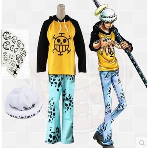 Anime One piece Trafalgar Law Cosplay custome,Trafalgar Law costumes (Clothes + pants + hat + tattoo) halloween carnival costume
