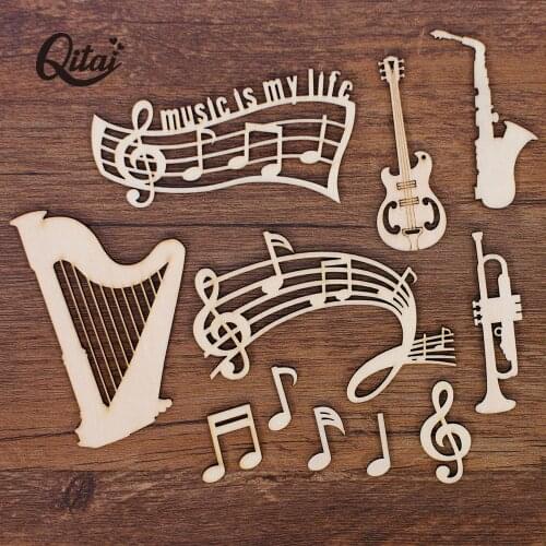 QITAI 55PCS/BOX Guitar/harp/musical note Wood Crafts Slices For melody DIY Scrapbooking Accessories Handmade Home Decor WF322