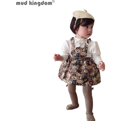 Mudkingdom Girl Sleeveless Dresses Cartoon Bear Dog Suspender Princess Dress Jacquard Vintage Embroidery Clothing Spring Autumn