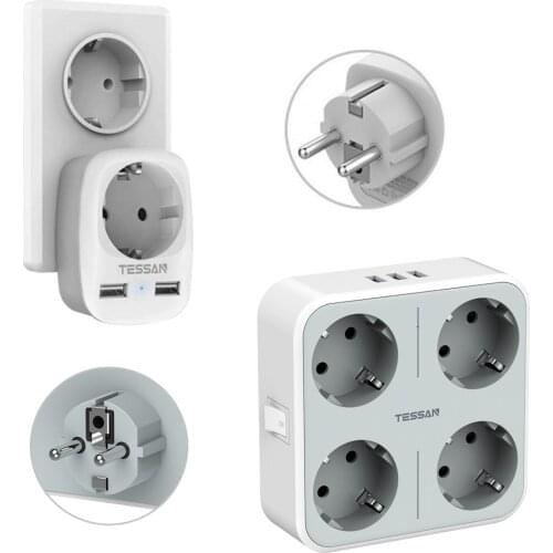 TESSAN EU Travel Mulit Wall Socket with On/Off Switch 4 AC Outlets 3 USB Charging Ports 5V 2.4A Power Strip Overload Protection