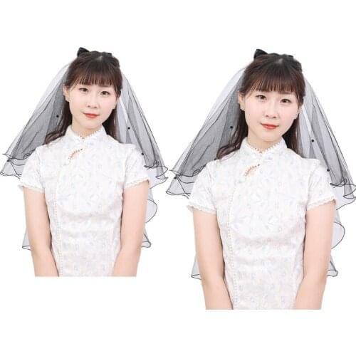2 Tier Wedding Bridal Short Veil with Comb Black Sheer Tulle Ribbon Decoration A5KE