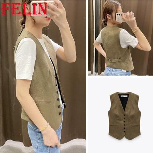 FELIN Za 2021 Women New Summer Khaki Vest Blazer Sleeveless Fashion Vest Jacket Girls Linen Suit Casual Chic Mujer Blouse