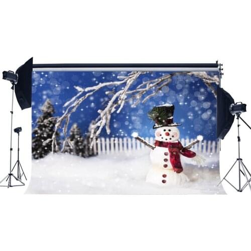 Photography Backdrop Christmas Tree Snowman Wooden Fence Bokeh Sequins Heavy Snow Xmas Backdrops