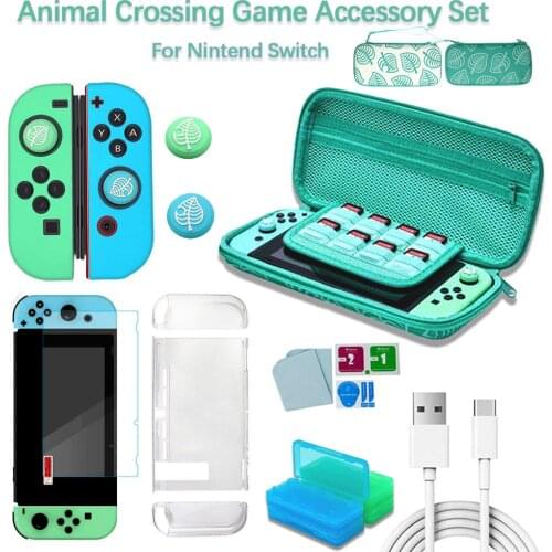 Cute Animal Crossing Game Set For Nintendo Switch Travel Carrying Bag Protector Case Thumb Stick Grip Caps Charging Cable