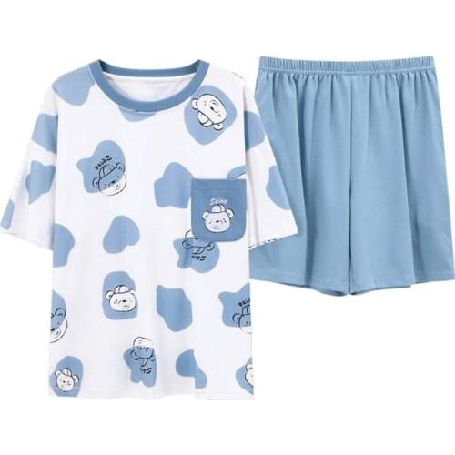 Summer New Fashional Ladies Sleepwear Cotton Pajams Light Blue Nightshirt Nightdress Suit Pyjamas Women Sets Short Pant