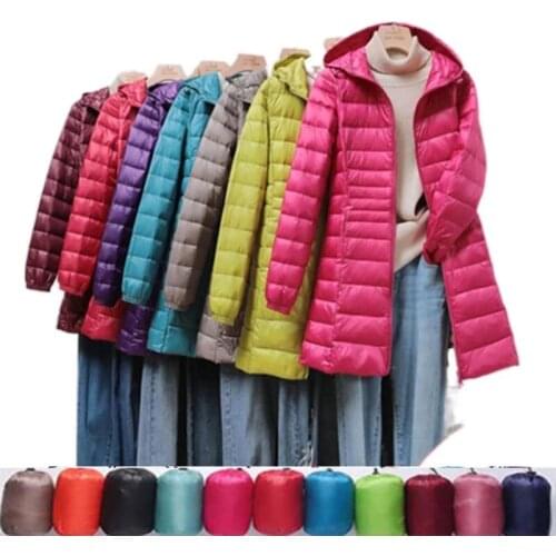 2021 New Winter Womens 90% Duck Down Jackets Mid Long Ultra Light Warm Down Coat Hooded Puffer Jacket Autumn Slim Parkas