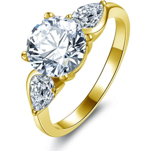 QYI Three Stone Rings For Women Prong Set Round Cut 2 ct Sona Simulated Diamond Engagement Wedding 14K Solid Yellow Gold Rings