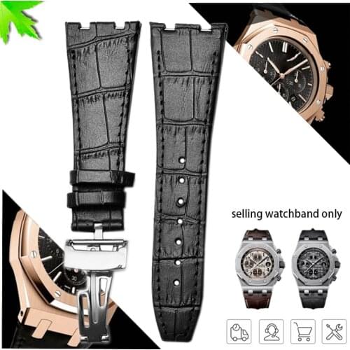 Double notched Leather watchband for AP15400 15703 Royal Oak mens wristband 26mm Leather watch strap with folding buckle chain