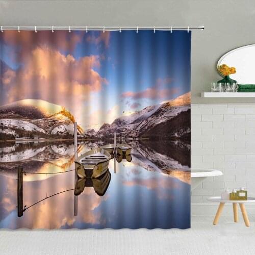 Snow Mountain Lake Boat Shower Curtain Fabric River Natural Scenery High Quality Bathroom Supplies With Hooks Cloth Curtains