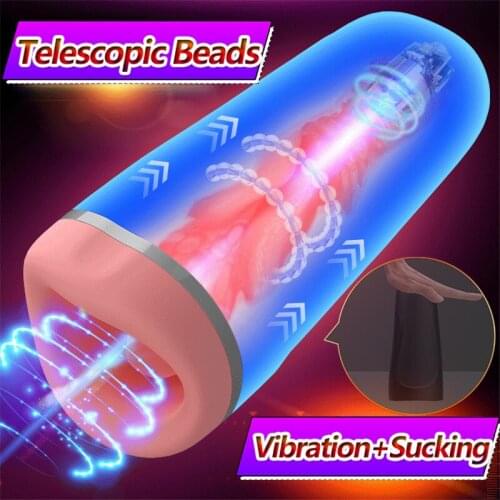 Male Masturbation Cup Telescopic Beads Blowjob Clamp Sucking Vibrator Real Vagina Pussy Oral Sex Heating Sex Toy for Men Machine