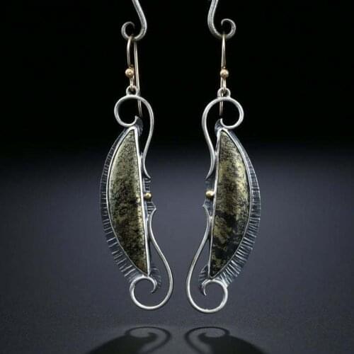 Vintage Black Resin Stone Long Drop Earrings for Women Tribal Spiral Metal Moon Shaped Pendant Dangle Earrings New