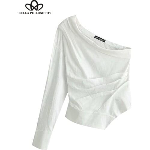 Bella Philosophy Sexy Solid Short Tops Women Blouses 2019 One Shoulder Irregular Long Sleeve Stylish Shirts Casual Blusas Mujer