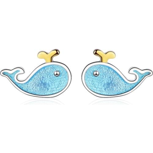New Fashion Little Cute Blue Whale Animal 925 Sterling Silver Ladies`Stud Earrings Original Jewelry For Women Gift Oorbellen