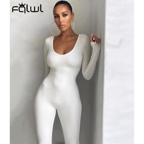 FQLWL Fall Winter Long Sleeve Sexy Rompers Womens Jumpsuit Female One Piece Outfits Brown Black White Bodycon Jumpsuit For Women