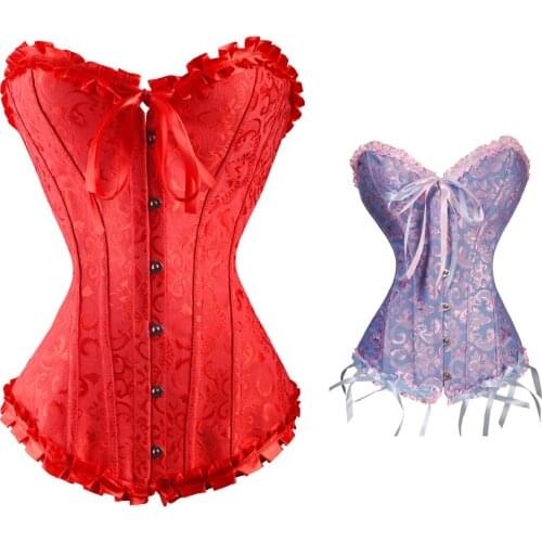 Red/Blue Sexy Women Boned Waist Trainer Brocade Corsets Bustiers Embroidery Lace Up Corselet Gothic Plus Size S-3XL Body Shaper