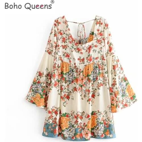 Boho Queens Women floral print flare sleeve ruffles beach Bohemian mini dresses Ladies loose square collar rayon dress