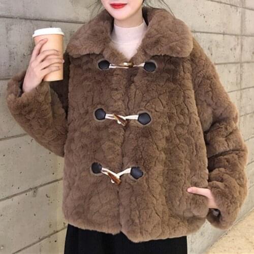 2021 Winter Women Elegant Faux Lamb Fur Coat Thick Warm Soft Lambwool Shirling Furry Jacket Horn Button All-match Coats
