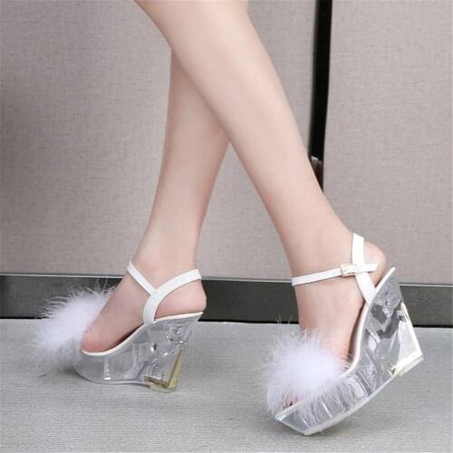 2021 Fashion Show Clear High-Heeled Sandals Women Club Party Transparent Pumps Waterproof Platform 10 CM Wedge Shoes Black White