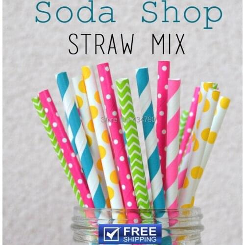 250pcs Mixed 5 Designs Soda Shop Paper Straws, Yellow, Teal Blue, Deep and Hot Pink, Lime Polka Dot, Swiss Dot, Chevron, Striped
