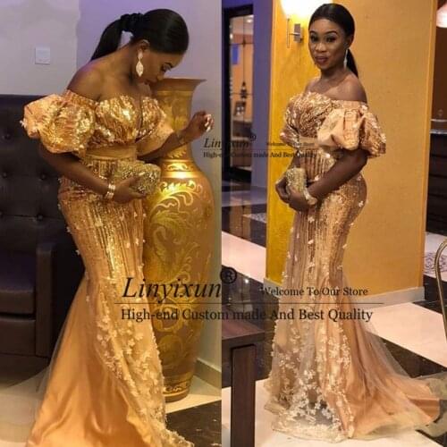 Aso Ebi African Lace Evening Dress Mermaid Off the Shoulder Nigerian Style Prom Dresses Plus Size Shiny Sequins Gold Formal Gown