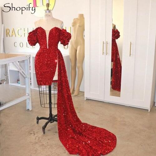 Sparkly Off The Shoulder Black Girls Party Night Red Sequin Short Prom Dresses 2021 With Side Train
