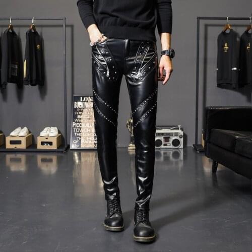 2021 Mens New Thick Type Slim Fit Tight Feet Leather Pants Youth Riveting Nail Zipper Decorations Casual PU Leather Pants
