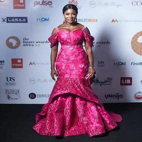 2021 Custom Applique Evening Dresses Fuchsia Long vestido de fiesta Peplum Off Shoulder Evening Party Dress Mermaid Plus Size