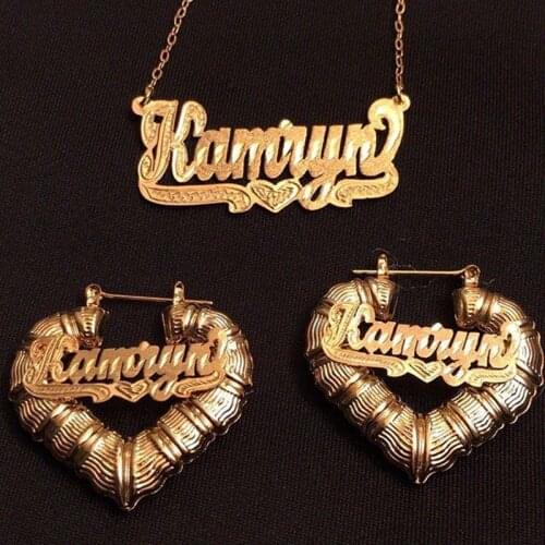 DUOYING 2021 Custom Name Bamboo Earrings Personlized Hip Hop Letters Necklace Customize Heart Bamboo Earrings Set Jewelry Gift