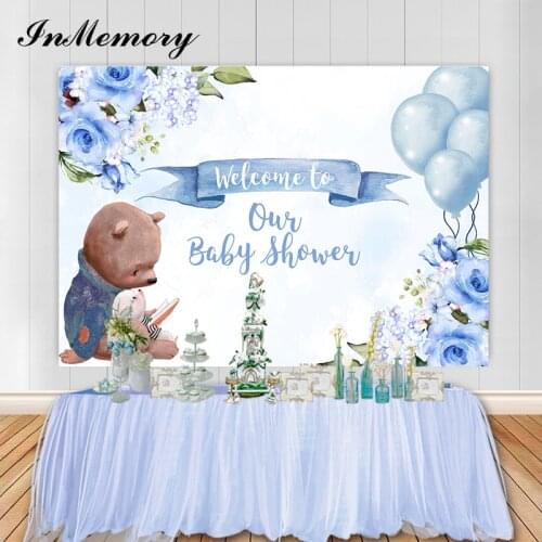 Inmemory Newborn Baby Shower Backdrop Bear Rabbit Flowers Balloons Kids 1st Birthday Party Photography Background Photo Studio