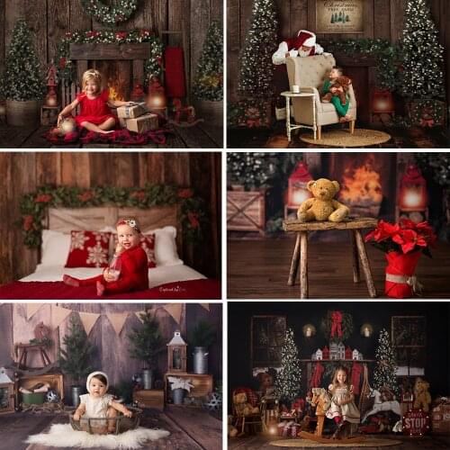 Christmas Fireplace Backdrop Photography Christmas Tree Vintage Rustic Wood Wall Xmas Photo Background Windows Winter Photocall