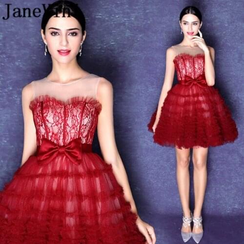 JaneVini Beautiful Burgundy Short Bridesmaid Dresses Ball Gown Sheer Neck Lace-up Back Tulle Above Knee Pageant Prom Party Gowns