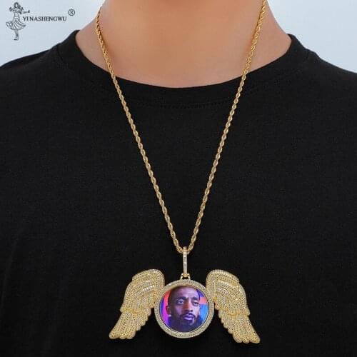 Ice Out Hip Hop Paved Bling Angel Wings Large Custom Photo Frame Pendant Rhinestone Tennis Chain Necklace Jewelry Accessories