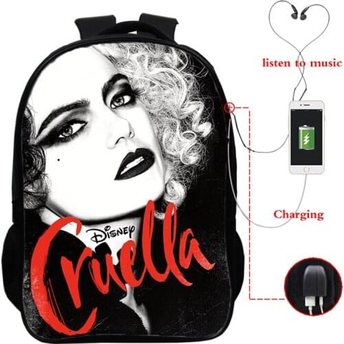 Cruella Print Kawaii Backpack 16 Inch Usb Charging School Bag Back To School Bacpack Waterproof Teenager Students Bag Rucksack