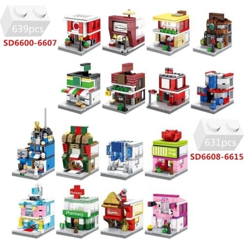 8 IN 1 City Architecture Mini Street View Building Blocks Kit Bricks Flower Beauty Shop House Classic Model Toys For Children