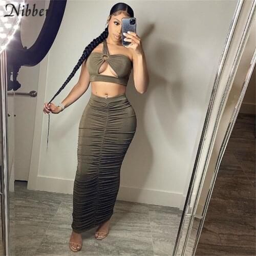 Nibber Sexy Hollow Folds Design Long Skirts Top 2 Two Piece Sets For Womens Clothing Summer Urban Club Party Crop Suits Female