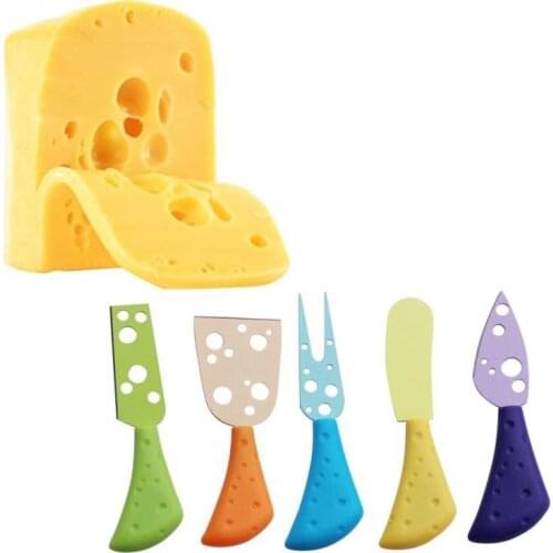 New 5 Pcs/Set MUti-color Cheese Cutter Kitchen Cooking Gadget Cheese Knife Set Cheese Fork Butter Knife