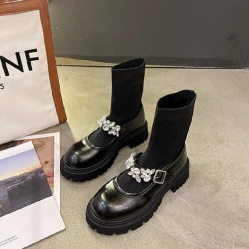 2021 Autumn New Small Leather Boots Retro Rhinestone Thick Bottom Explosive Style Elastic Boots Short Boots Women