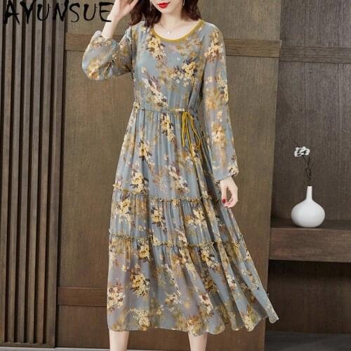 AYUNSUE 2021 Woman 100% Silk Dress Women Elegant Floral Dress Beach Midi Casual Dresses for Women Long Sleeve Spring Vestidos