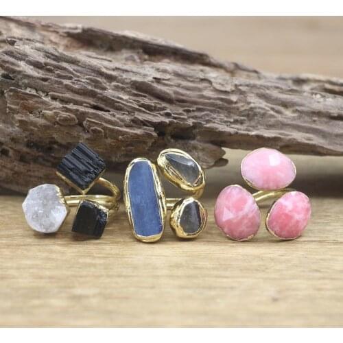 Black Tourmaline&Rhodonite&Labradorite Gold Brass Ring Healing Kyanite Druzy Adjustable Ring Fashion Jewelry Dropshipping,QC4110