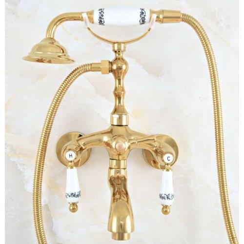 Luxury Polished Gold Color Brass Bathroom Wall Mounted Clawfoot Tub Faucet Taps Set With Hand Held Shower Head Spray mna814