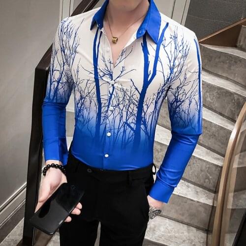 2021 Spring New Floral Shirt Men High Quality Gradient Color Long Sleeve Men Shirts All Match No Iron Night Club Prom Blouse Men