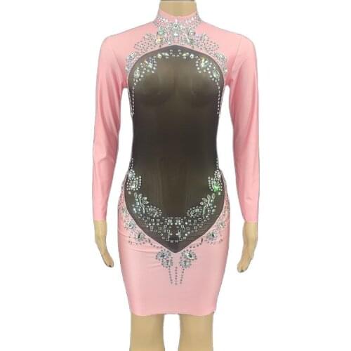 Sexy Stage Silver Rhinestone Pink Black Transparent Short Dress Women Latin Dance Show Wear Birthday Bar Prom Dancer Mesh Dress